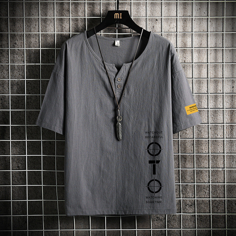 V-neck Linen Short-sleeved T-shirt Loose Trend Cotton