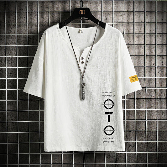 V-neck Linen Short-sleeved T-shirt Loose Trend Cotton