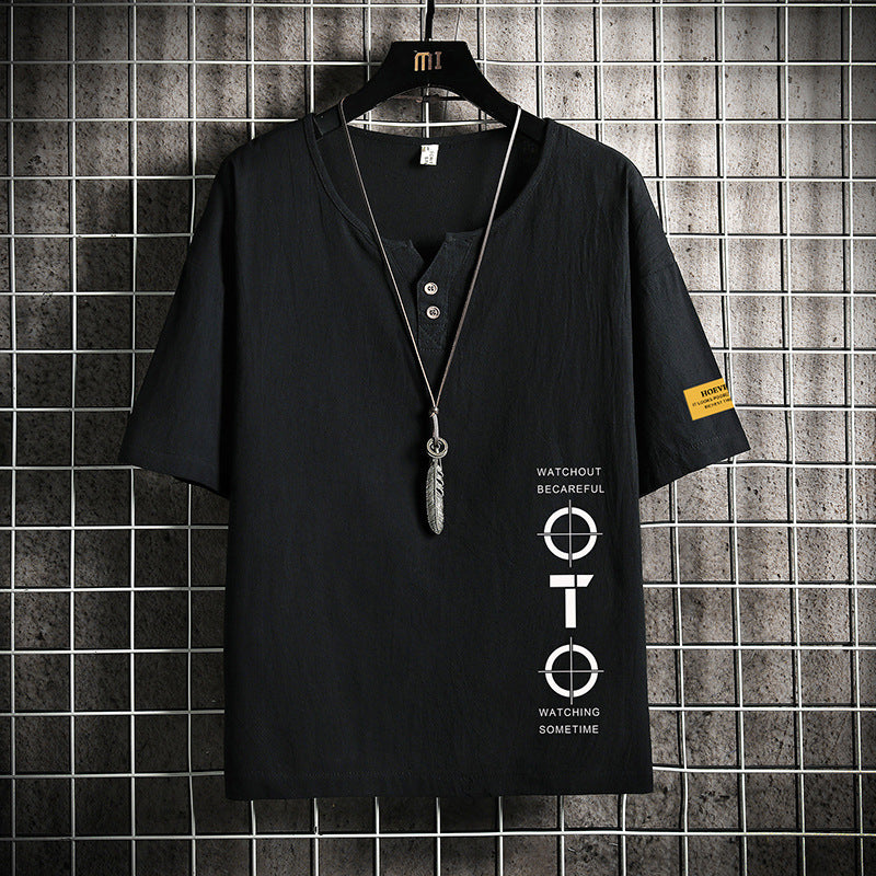 V-neck Linen Short-sleeved T-shirt Loose Trend Cotton